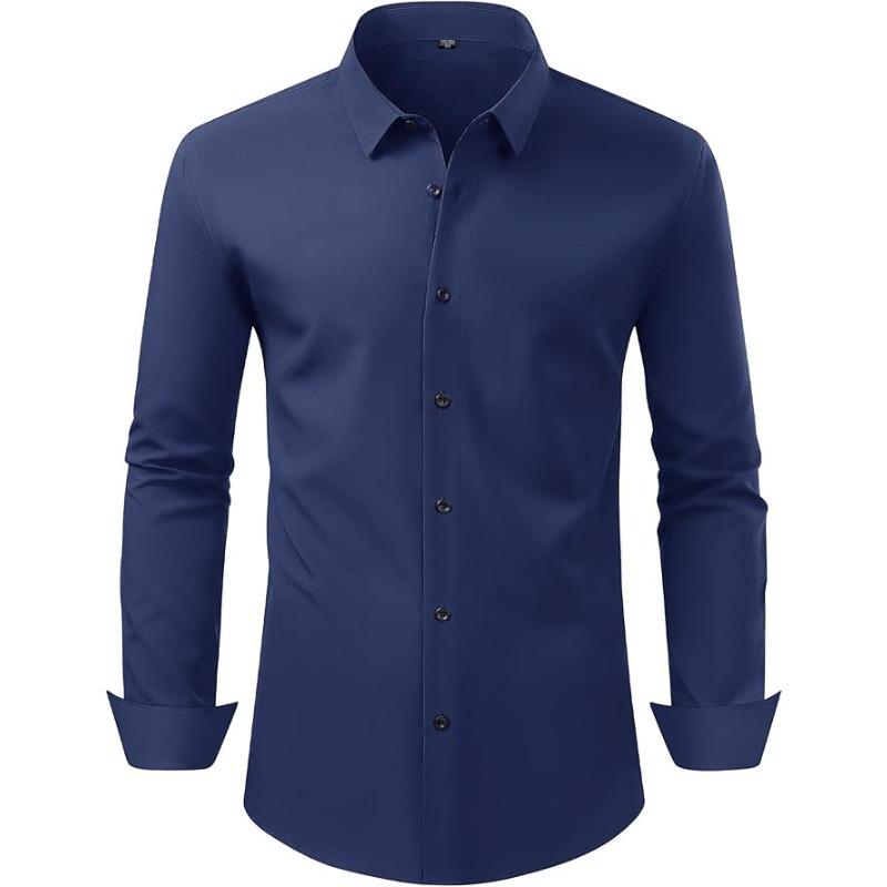Men Solid Long Sleeve Dress Shirt with Black Buttons, 4-Way Stretch Wrinkle Free Business Formal Shirt, Cross-border Hot Selling Shirt