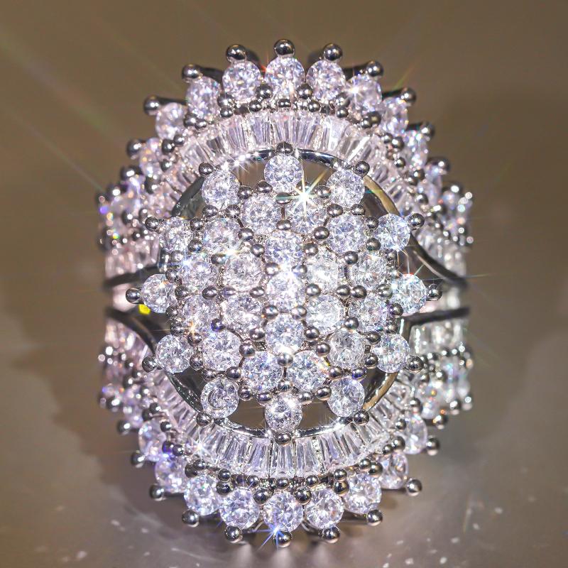 Huitan Sparkling Women Ring Full Shining Cubic Zirconia Luxury Accessories Silver Color Geometric Special Party Lady Jewelry
