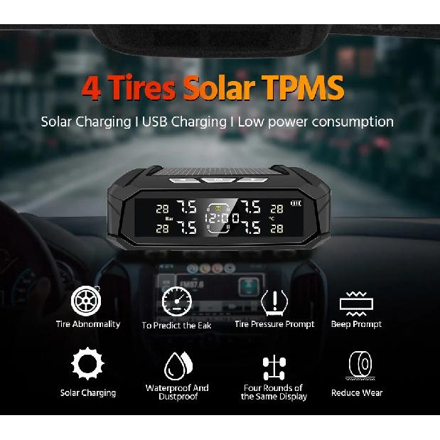 Solar TPMS Car Tire Pressure Alarm Monitor System Tyre Temp Digital Display Auto Security Alarm Systems with 4/6 sensors 8 BAR