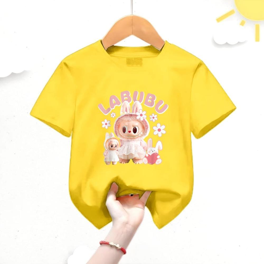 New Labubu Children's T-shirt Scarf LABUBU Flower and Rabbit Pattern Girl Round Neck Short Sleeve Casual Versatile Clothing