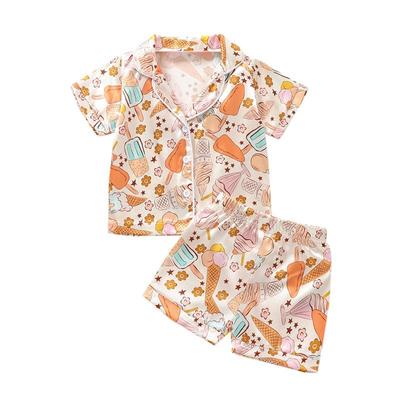 Toddler Girl Silk Pajamas Ice Cream Short Sleeve Button-Up Top Shorts 2PC Summer Satin Pajamas Set