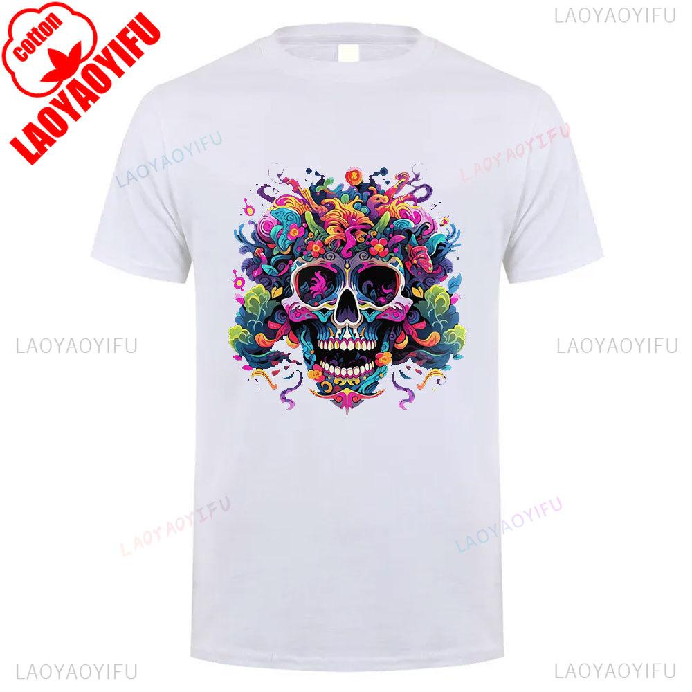 Mexican Skull Pattern Cotton Summer Tee Unisex Short Sleeve Round Neck Retro Style Graphic Shortsleeved Launched Casual Tshirt