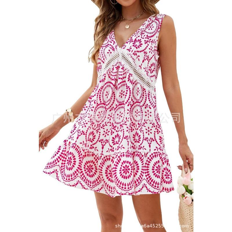 Vestido feminino primavera/verão elegante estampado renda vazada decote em v sem mangas