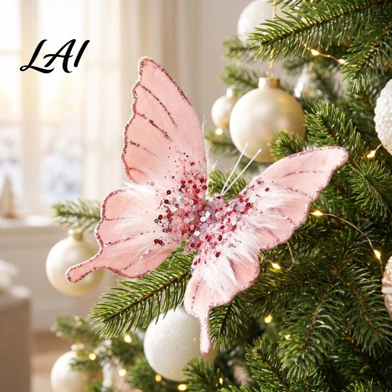Elegant Christmas Garland Decorations Velvet Butterfly Ornaments Artificial Glitter Sequins Xmas Tree Decorative Butterflies for Trees Decoration