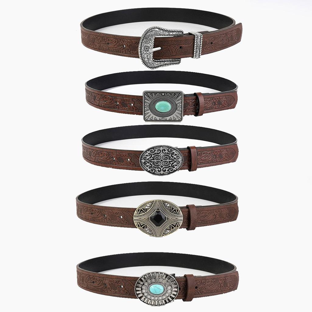 Western PU Leather Belt Embossed Pattern Waistband Jeans Waiststrap Waist Decors Women Turquoise Buckle Waist Belt