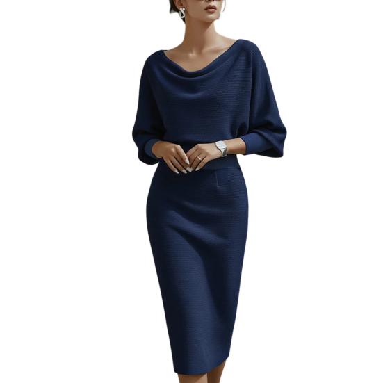 

Жіноча обтисла робоча сукня з коміром-хомутом, рукавами-кажан 3/4, еластична, для офісу, церкви, сукня-олівець, для формальної вечірки, коктейлю, бізнес-вбрання M темно-синього кольору