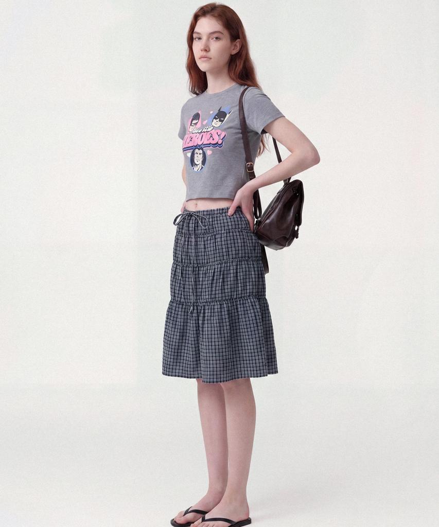Seutaetigbeullum Textured Check Tiered Skirt (Blue-Black)