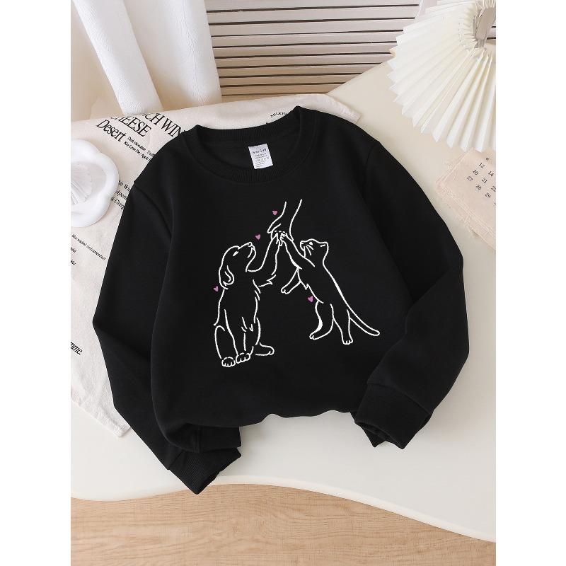 Girls Crew Neck SweatshirtCute Dog Cat Hand Hold Love Print, Soft Cozy Pullover, Warm Casual Outfit for Autumn & Winter