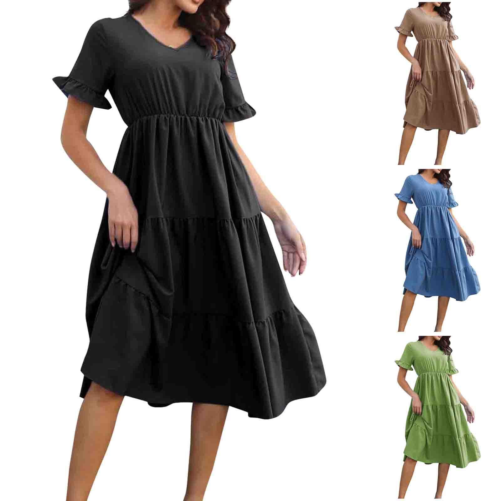 

Женская мода Твердый V-образный вырез Слоистый расклешенный рукав с длинным рукавом Макси Платье