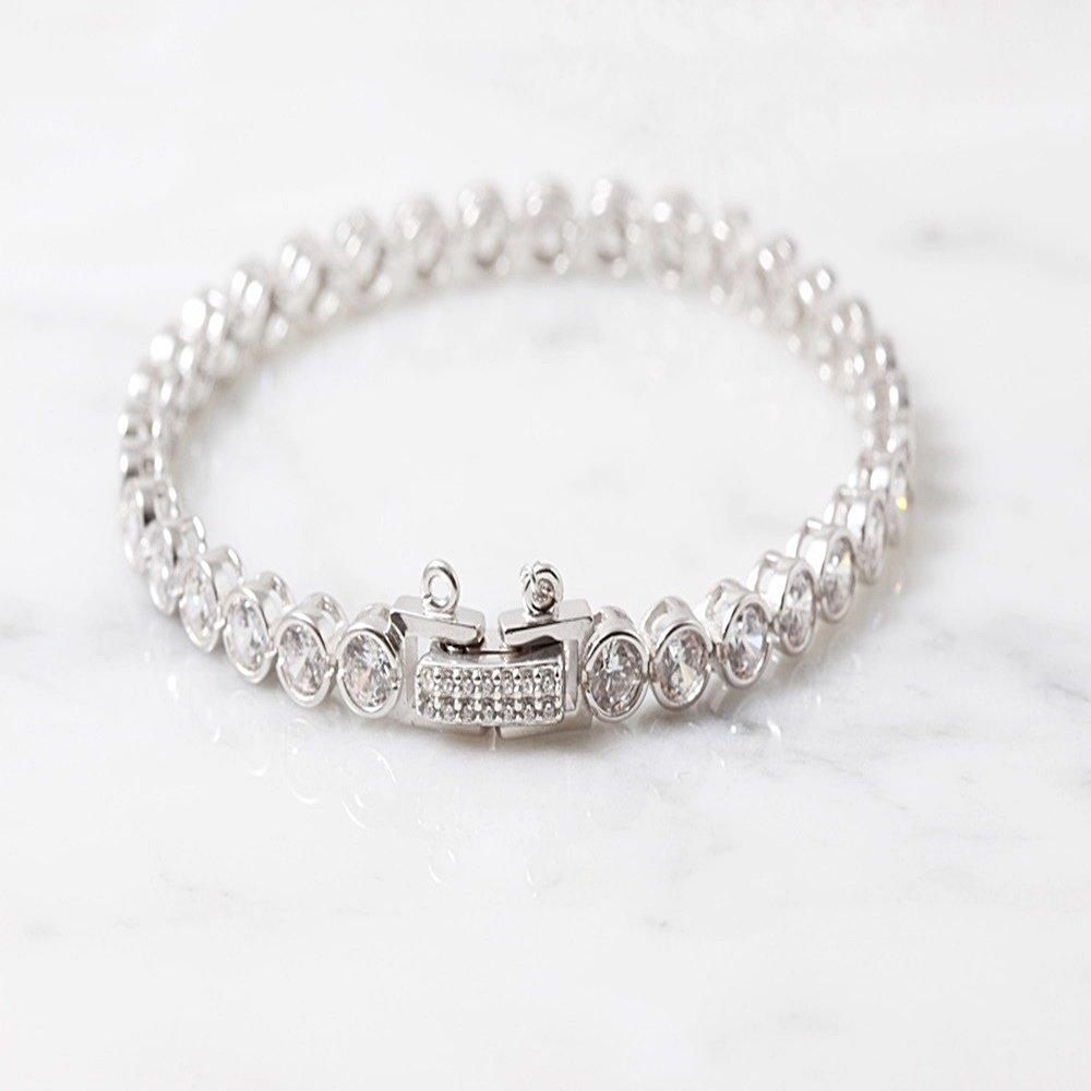 Round Tennis Circle Silver Bracelet 925 Silver Cubic Luxurious Men's and Women's Daily Sterling Silver Couple Friend