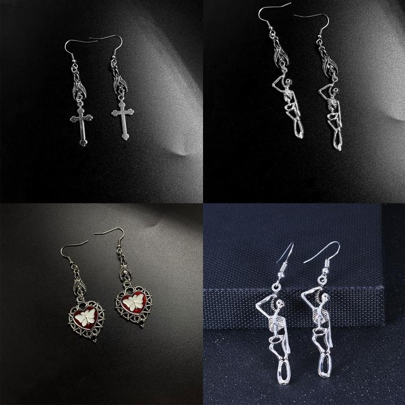 9x Goth Mysterious Drop Earring Jewelry Rose Heart for Butterfly Bat Skull for Cross Pendant Charm Vintage Earring For W