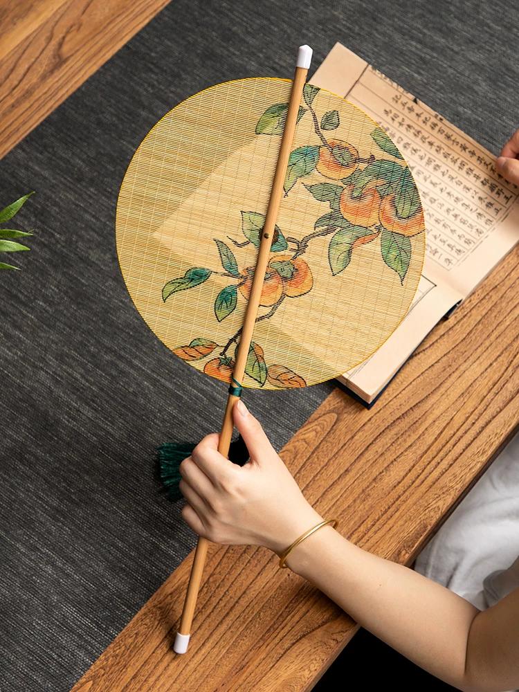 Retro Bamboo Waist Fan, Chinese Style Hanfu Round Fan, Rollable Round Fan, Hand-Printed Bamboo Silk, Convenient Waist-Hanging Fan