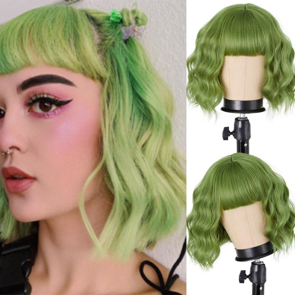 MISS WIG Women Fashion Short Wavy Wig with Bangs Synthetic Fiber Pure White Wavy Wig Cosplay Halloween Party Wear