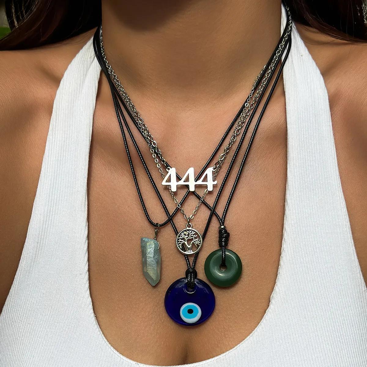 

5Pcs Boho Ethnic Peace Buckle Blue Turkish Lucky Eye Pendant Choker Necklace for Women Gothic Tree of Life Leather Chain Jewelry