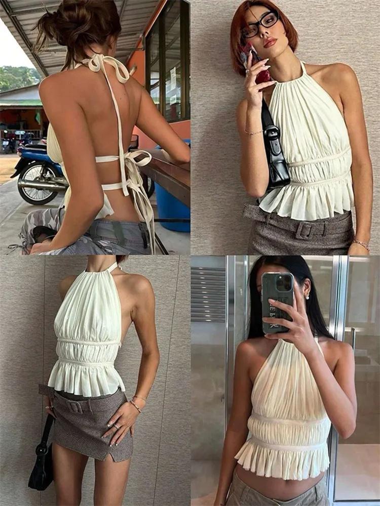 Tank Top phumee Pleating Backless Halter Neck A2474