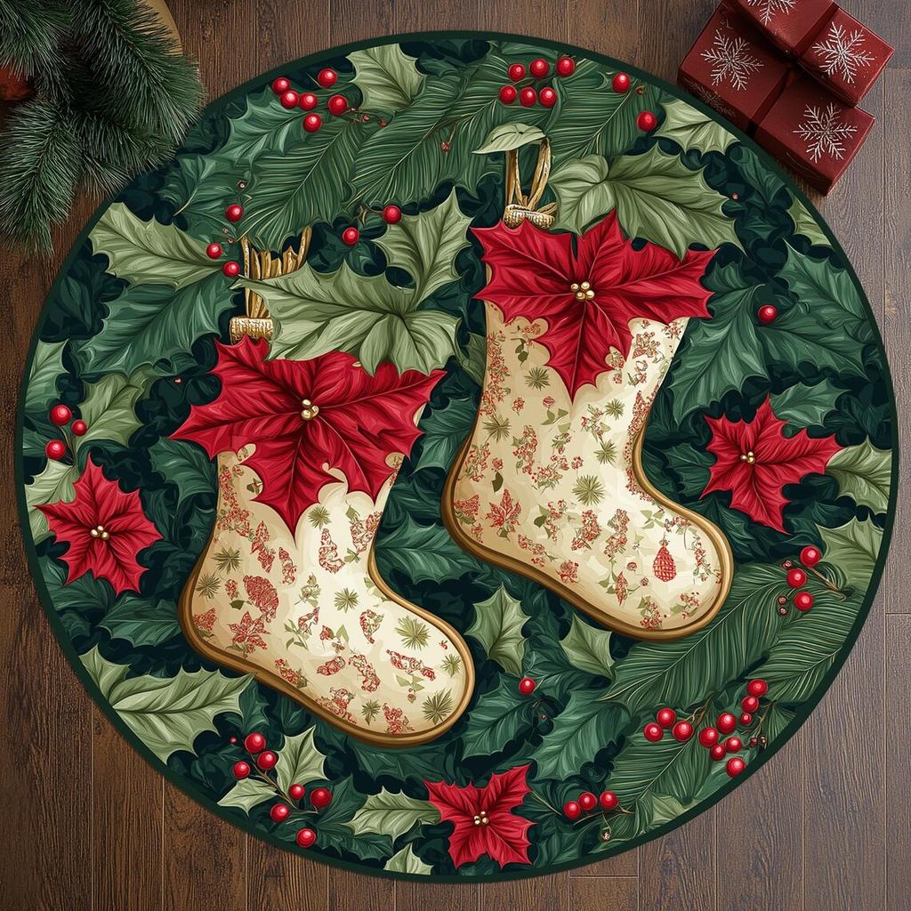 Weihnachts-Poinsettia Blumenmuster Runder Teppich Rutschfeste Stuhlunterlage für Wohnzimmer, Schlafzimmer Dekor Weicher Teppich