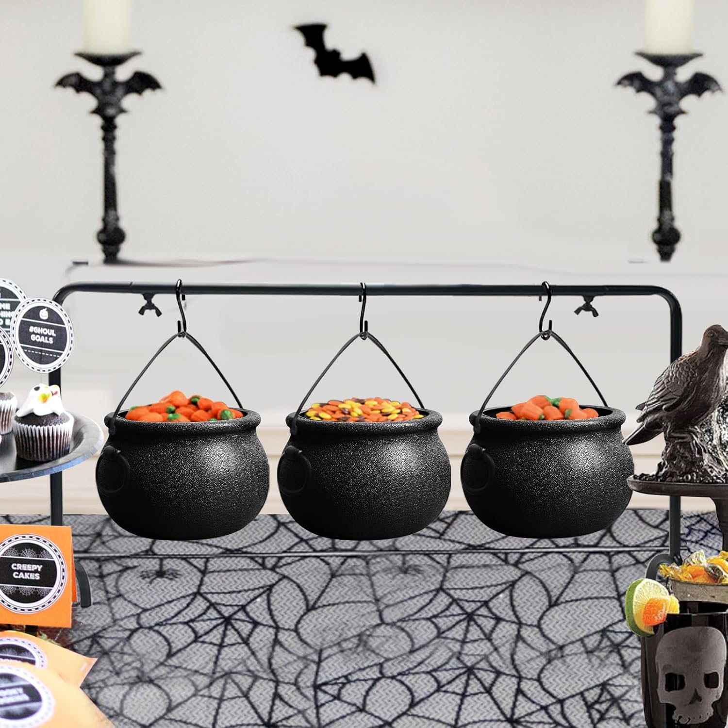 ORIENTAL CHERRY Halloween Decor - Halloween Party Decorations - Set of 3 Witches Cauldron Serving Bowls on Rack - Black Plastic Cauldron for Indoor