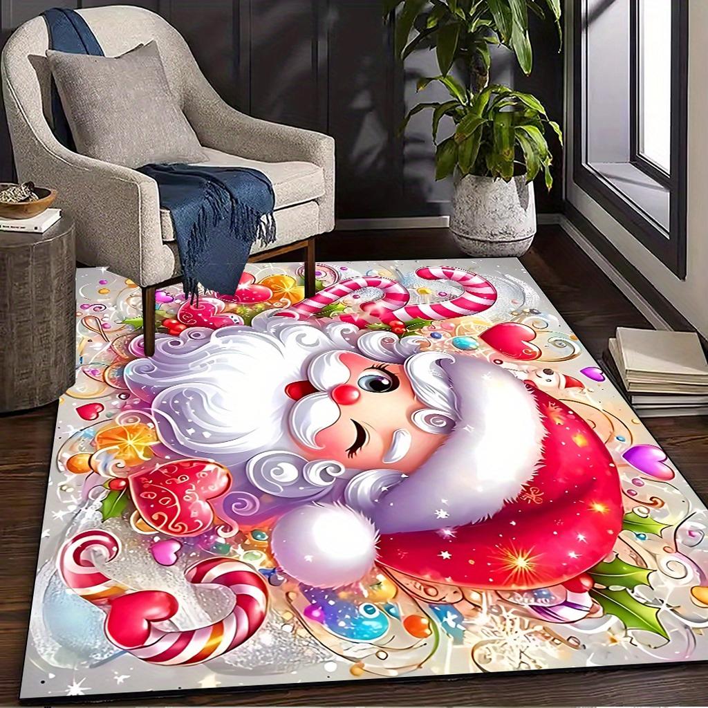 Cartoon Santa Claus Christmas Rug,Colorful Holiday Carpet with Candy Cane & Stars,Kids Play Mat,Soft Floor Decor for Living Room