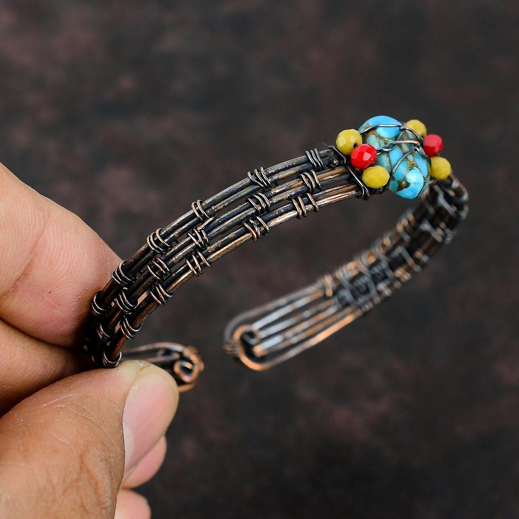 Copper Blue Turquoise Cuff Bracelet Yellow Coral & Red Coral Beads Bangle Copper Wire Wrapped Jewelry Adjustable Bracelet Gemstone Wire Cuff