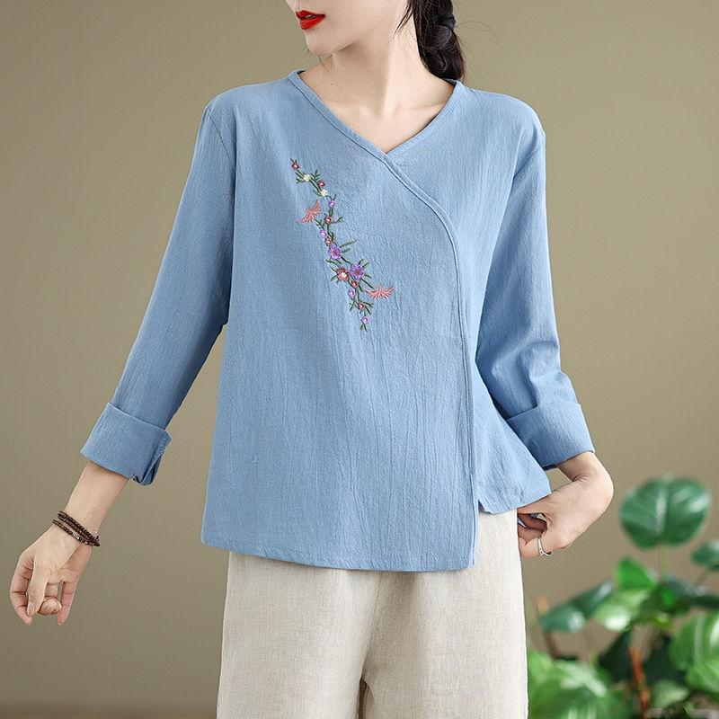 

Футболка из хлопка и льна, женская, этническая, в стиле ретро, с художественной свободной вышивкой, ханьфу, из чистого хлопка, с V-образным вырезом, с длинными рукавами, осень 3XL синий