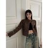 American Retro Distressed Coffee Brown PU Leather Short Jacket - Spring 2025 Hot Girl Stand Collar Versatile Design.