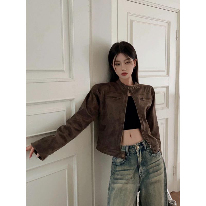 American Retro Distressed Coffee Brown PU Leather Short Jacket - Spring 2025 Hot Girl Stand Collar Versatile Design.