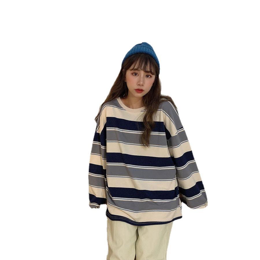 Trendy Women's Striped Long Sleeve Shirt - Autumn New Style Korean Loose T-Shirt for Students