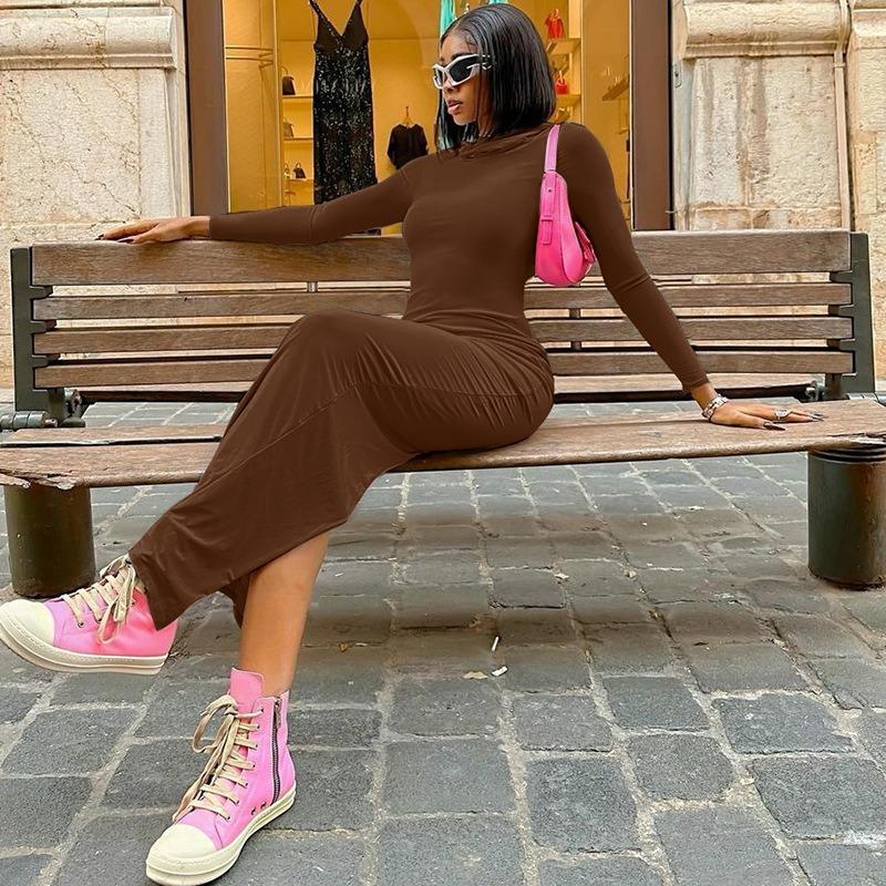 Damen Herbst Schlanke Einfarbige Kapuzen Hüfte Geteilte Kleider