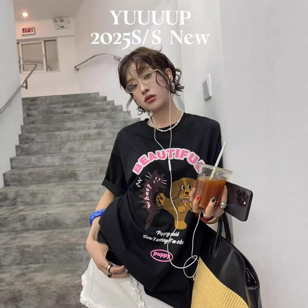 

2026 Women s Trendy American Style Loose Cotton T-shirt with Color Block Letter Print, Round Neck & Short Sleeves S чорний
