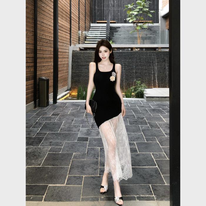Three-dimensional flower black suspender dress women s summer pure desire sweet spice girl waist hip mesh splicing holiday dress S чёрный