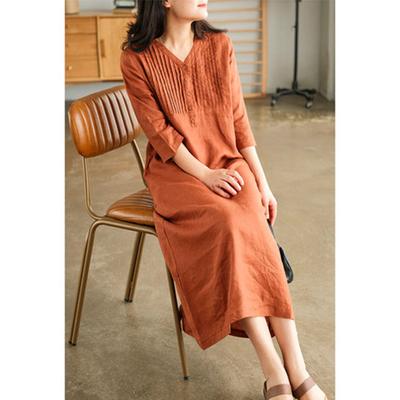 Spring and Summer Linen Five-quarter Sleeve Western-style Ageing Dress Female Casual Retro Organ Pleats V-neck Thin Knee-length