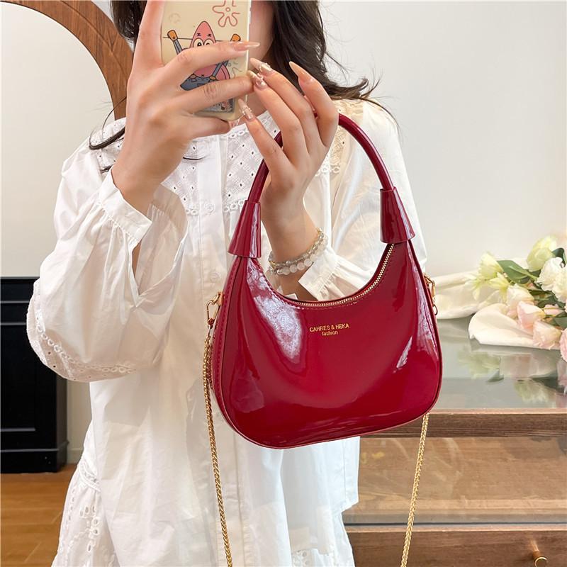 2025 Spring New Popular Angola Burgundy Patent Leather High-end Handbag Texture Women's Bag U-shaped Dumpling Bag