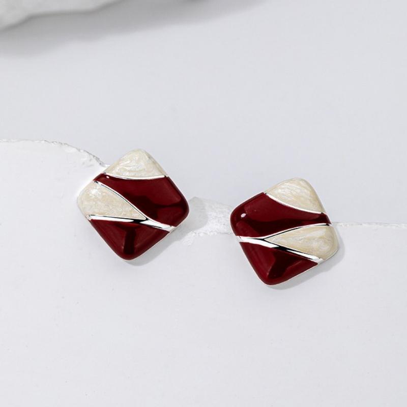 Ankara Red Color Blocked Square Elegance Stud Earring for Women Korean Sweet Ear Wedding Party Jewelry