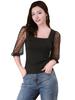 Allegra K Sleeve Chiffon Sexy Polka Square Mesh Size XL See-Through Blouse, 3/4 Blouse, Dots, Neck, Top, Slimming, Stylish, Gorgeous, Women's, Black,