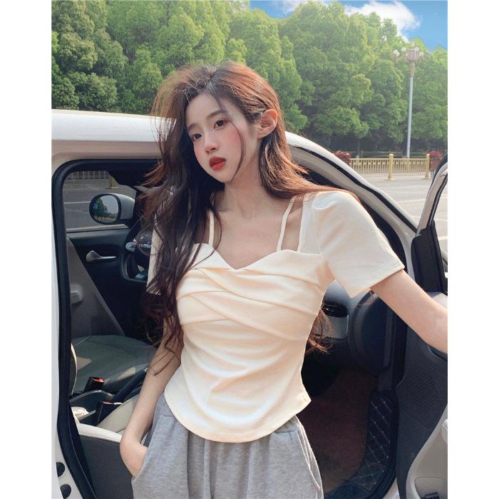 

(11 Modal 111g cotton) Front Shoulder Short Sleeve Spice Girl T-Shirt Half Sleeve Design Chic Slim Top Free size (recommended 40-60kg ) абрикосовый