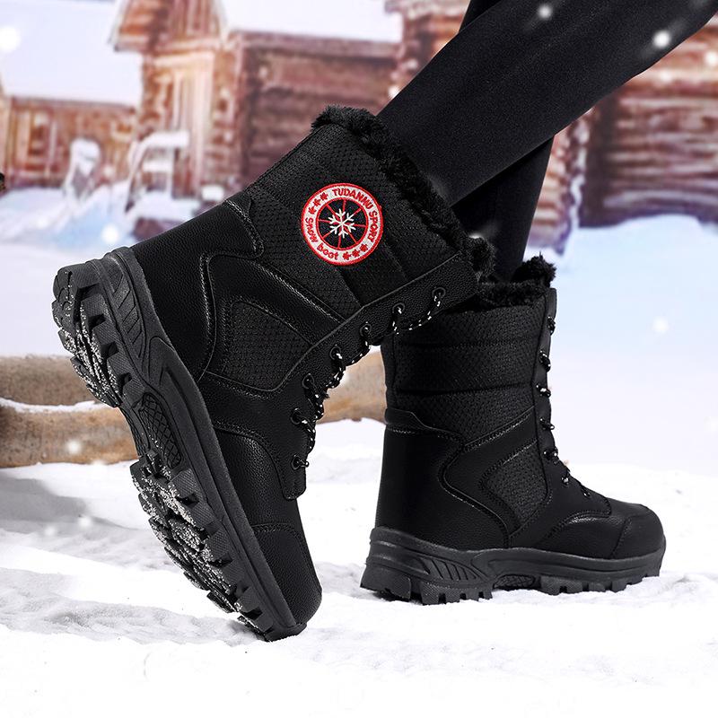 Women's Waterproof Lace-Up Cotton Snow Boots: High-Top, Thick-Soled for Winter and Hiking Outdoors