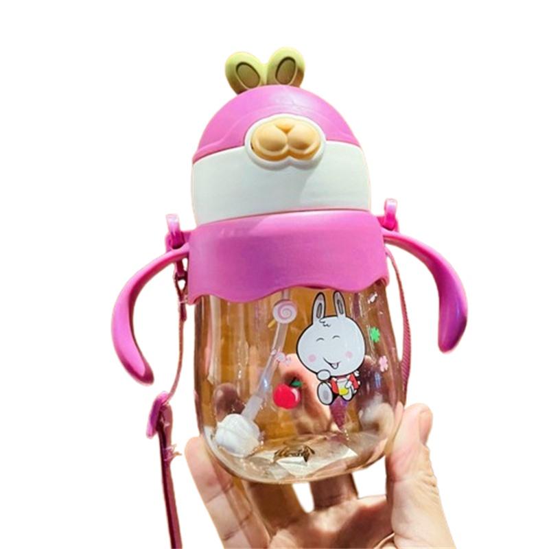 Neuer Kinder-Trinkbecher mit Strohhalm, Griff und Schultergurt, PC-Material, 450 ml, Lila/Rosa/Grün