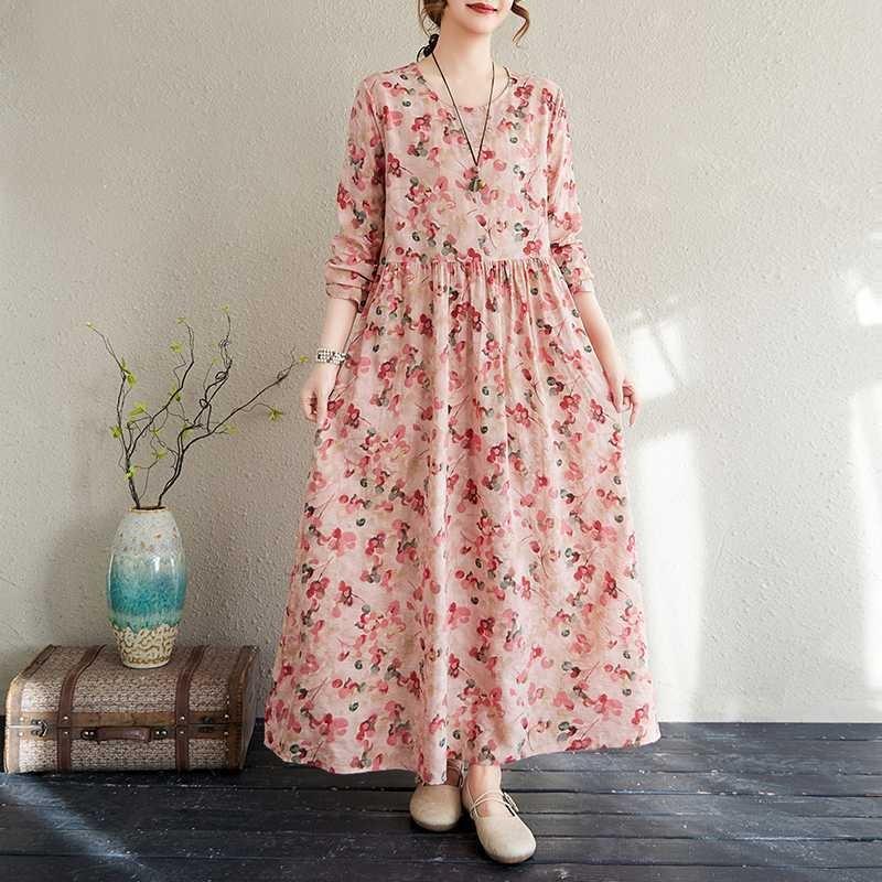 Vacation Style Travel Round Neck Vintage Long Flesh Covering Dresses