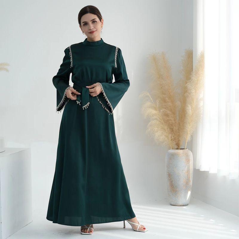 

New Arrival Middle East Dubai Ethnic Style Pure Color Elegance Beaded Shoelace Dress Lace up Beaded Dress Dark green L
