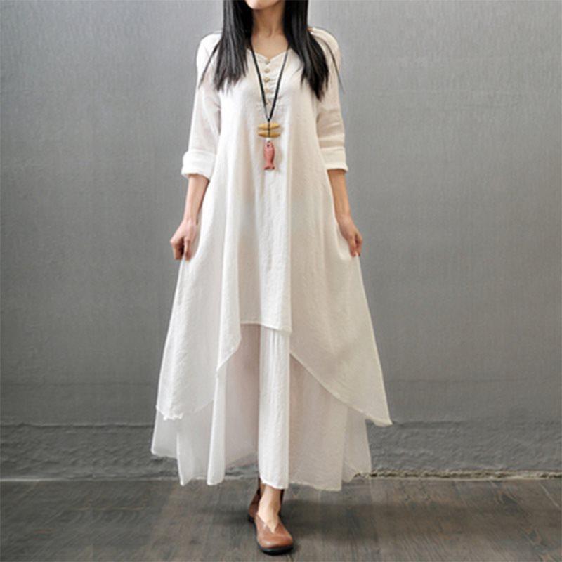 Women's Solid Color Long Sleeves V-neck Elegant Retro Cotton and Linen Long Dress