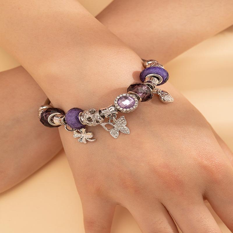 Handmade Beaded Bracelet With Crystal Beads Alloy Leaf Butterfly Pendant And Sparkling Rhinestone Charm