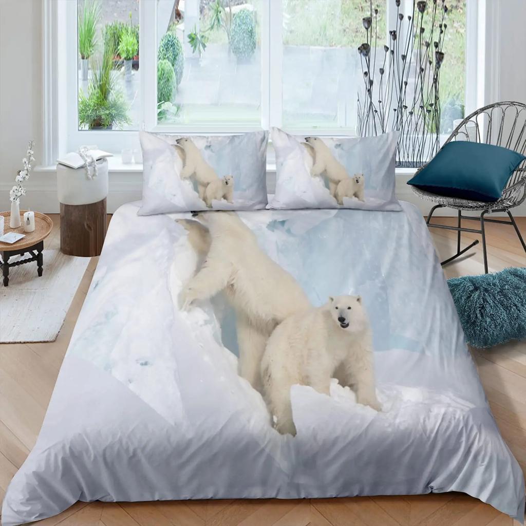 Polar Bear Duvet Cover 3D Lovely White Arctic Animals Kids Teens Women Wildlife Arctic Scenery Theme Quilt Cover Room Decoration