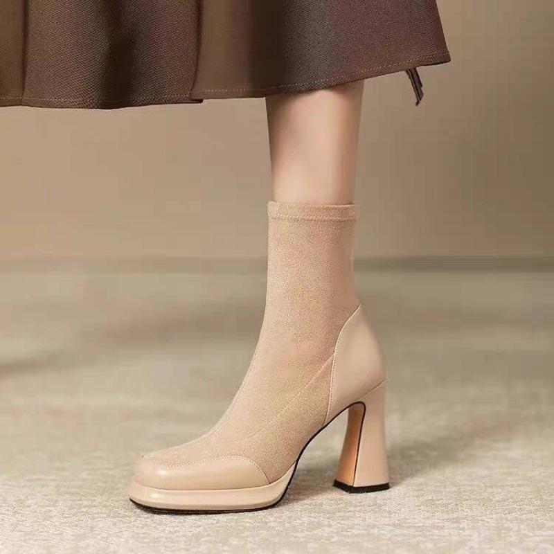 Fashion Women's Fashion Thick Heel Single Boots Winter New Spliced Suede Side Zipper Thick Sole Anti-slip Wear-resistant Short Boots