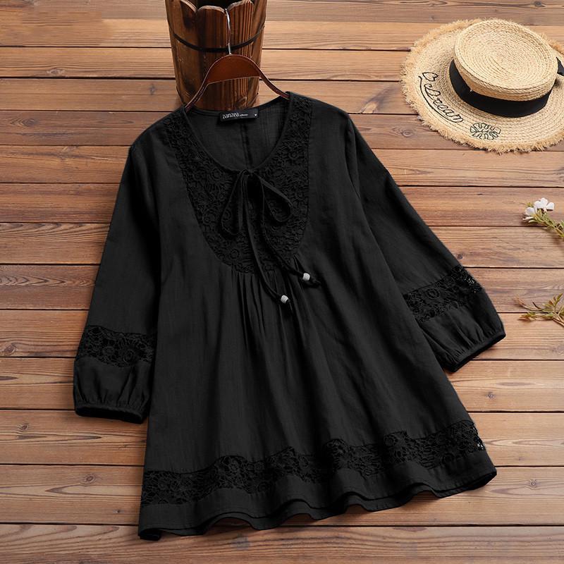 New Cotton Linen Patchwork Lace 3/4 Sleeve Loose Fit Women's Top