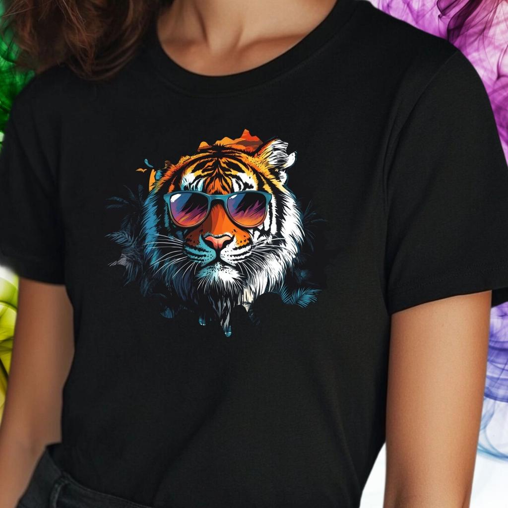 T-Shirt Frauen Cooler Tiger mit Sonnenbrille Motiv Baumwolle Größe S bis 3XLWird in neuem Fenster oder Tab geöffnet