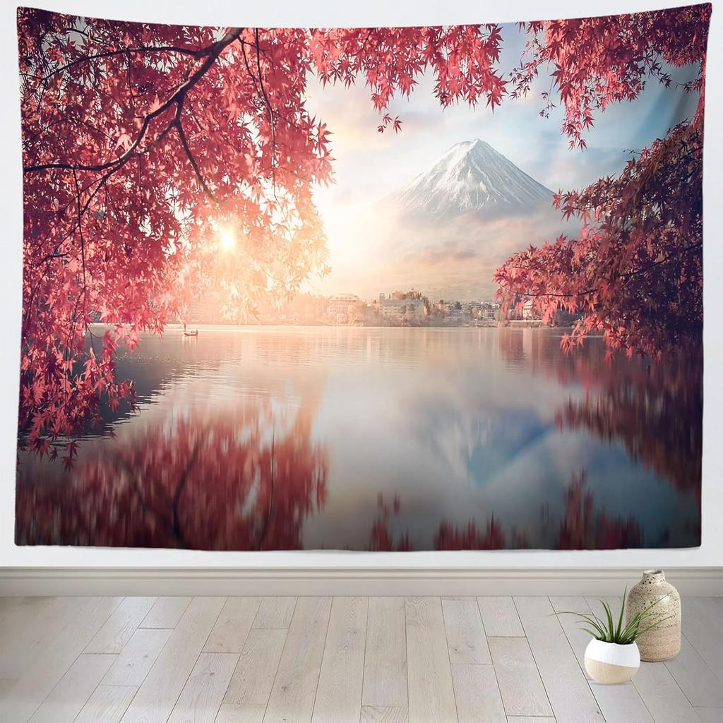 Japanese Pink Sakura Tapestry Cherry Blossoms Mountain Fuji Japan Wall Hangings Tapestry for Bedroom Living Room Dorm Home Decor