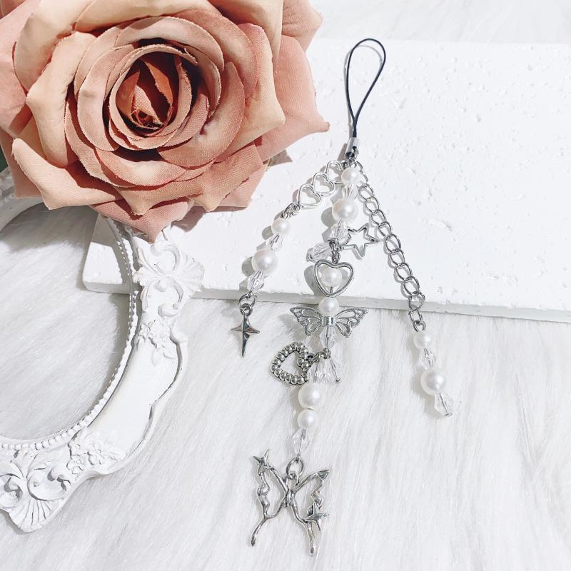 Simple Phone Charm Strap Y2K Keychain Butterfly Heart Shape Pendant Beaded Keychain Jewelry Keyring Lanyard String