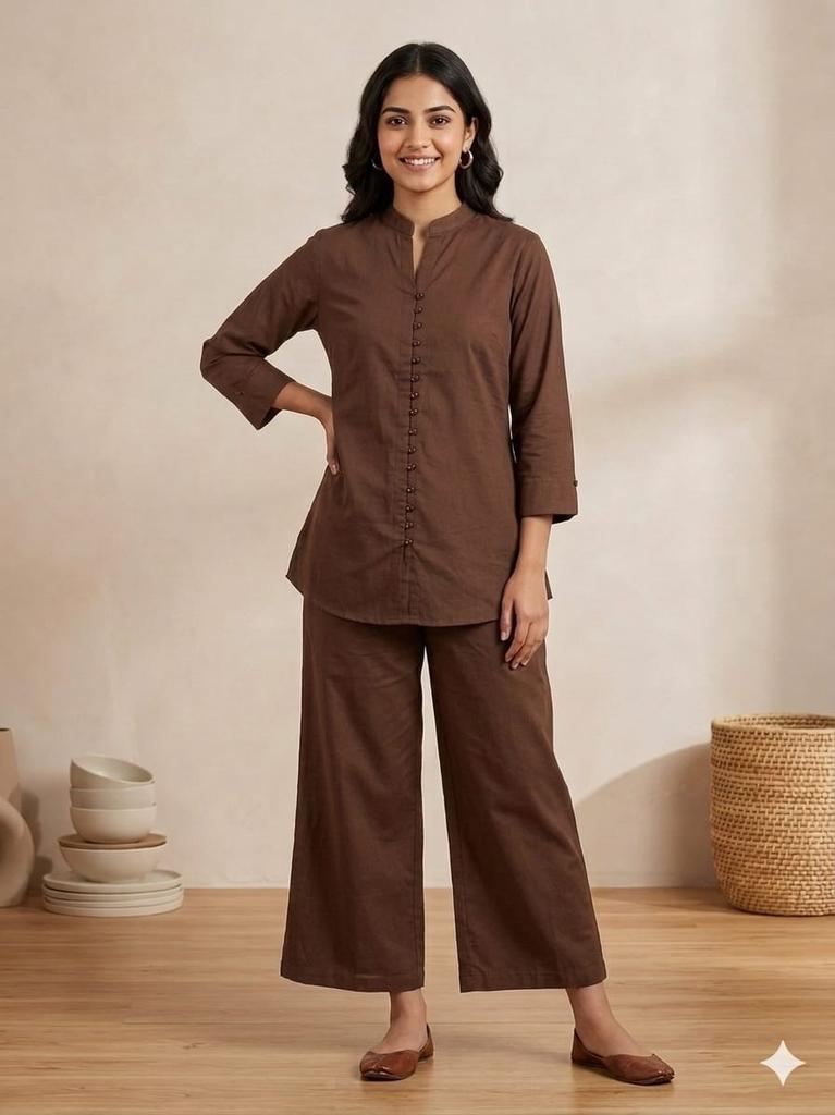 Women's Straight Kurti with Wide Leg Pants Set Indian Casual Wear Top Cord Set