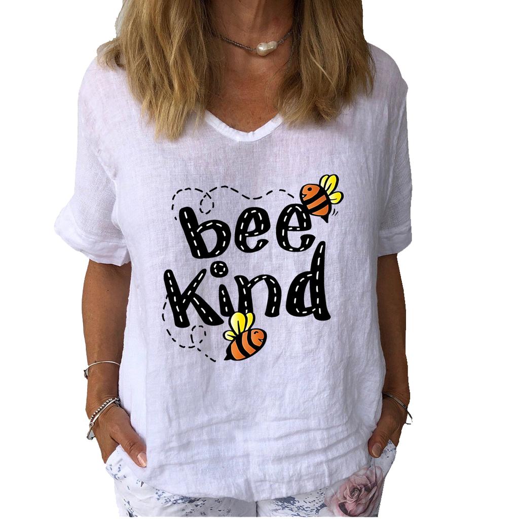 Women Fashion Cotton Linen T-shirt Casual V-neck Short Sleeve Top Ladies Print Tee Shirt