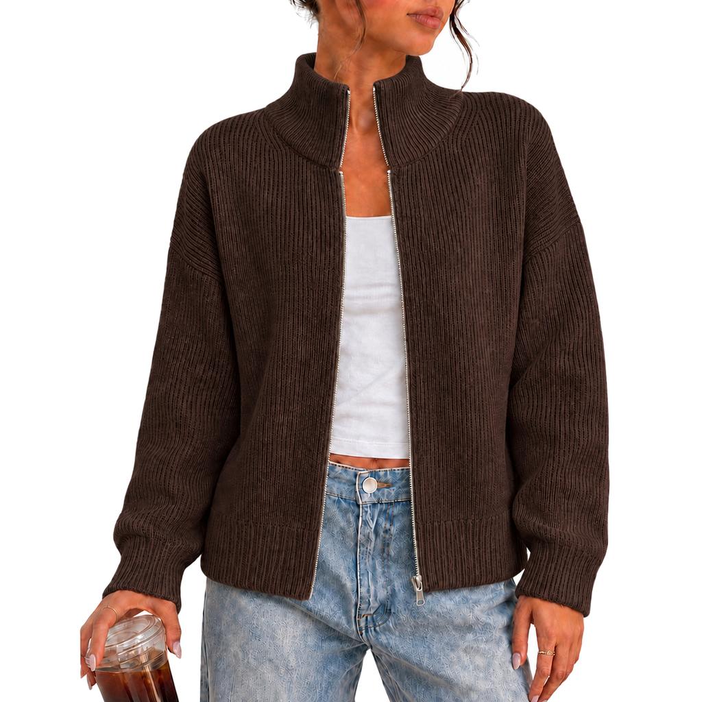 Women's Semi-High Neck Zippered Knit Cardigan, Strip Thickened Premium Coat, Versatile Top for Spring, , and Winter